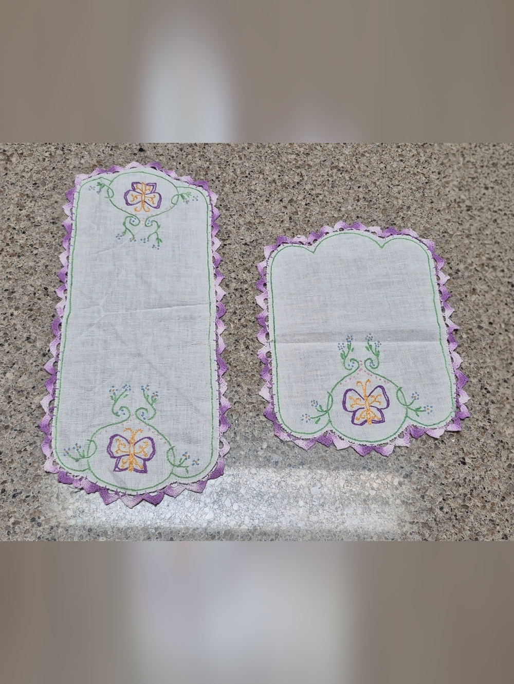 ​Vintage Hand Embroidered Linen Runner & Doily Set Butterfly Purple Crochet Trim